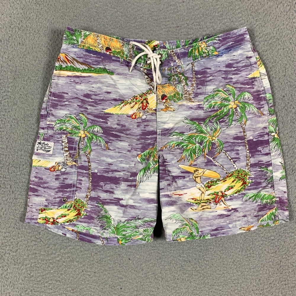 Polo Ralph Lauren Swim Board Shorts Mens Medium Purple Palm Tree Hawaiian Surfer